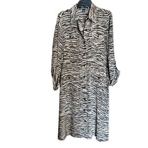 Ellen Tracy Shirt Dress 8 Multicolor Safari Silk Button Midi Roll Tab Sleeves